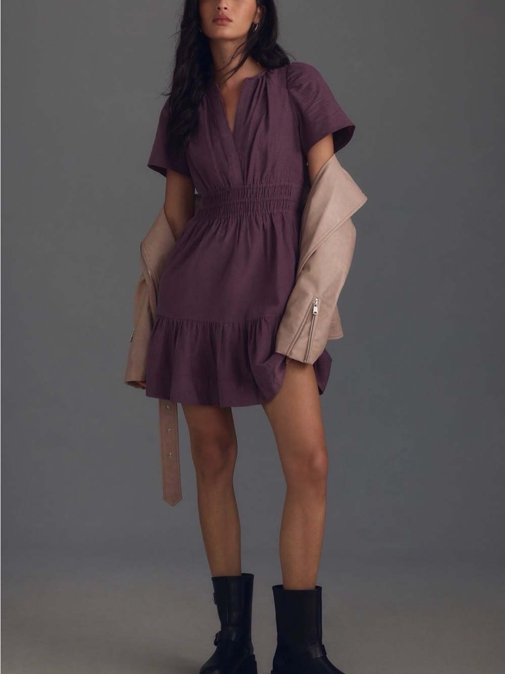 Anthropologie Plum Tiered Smocked Mini Dress